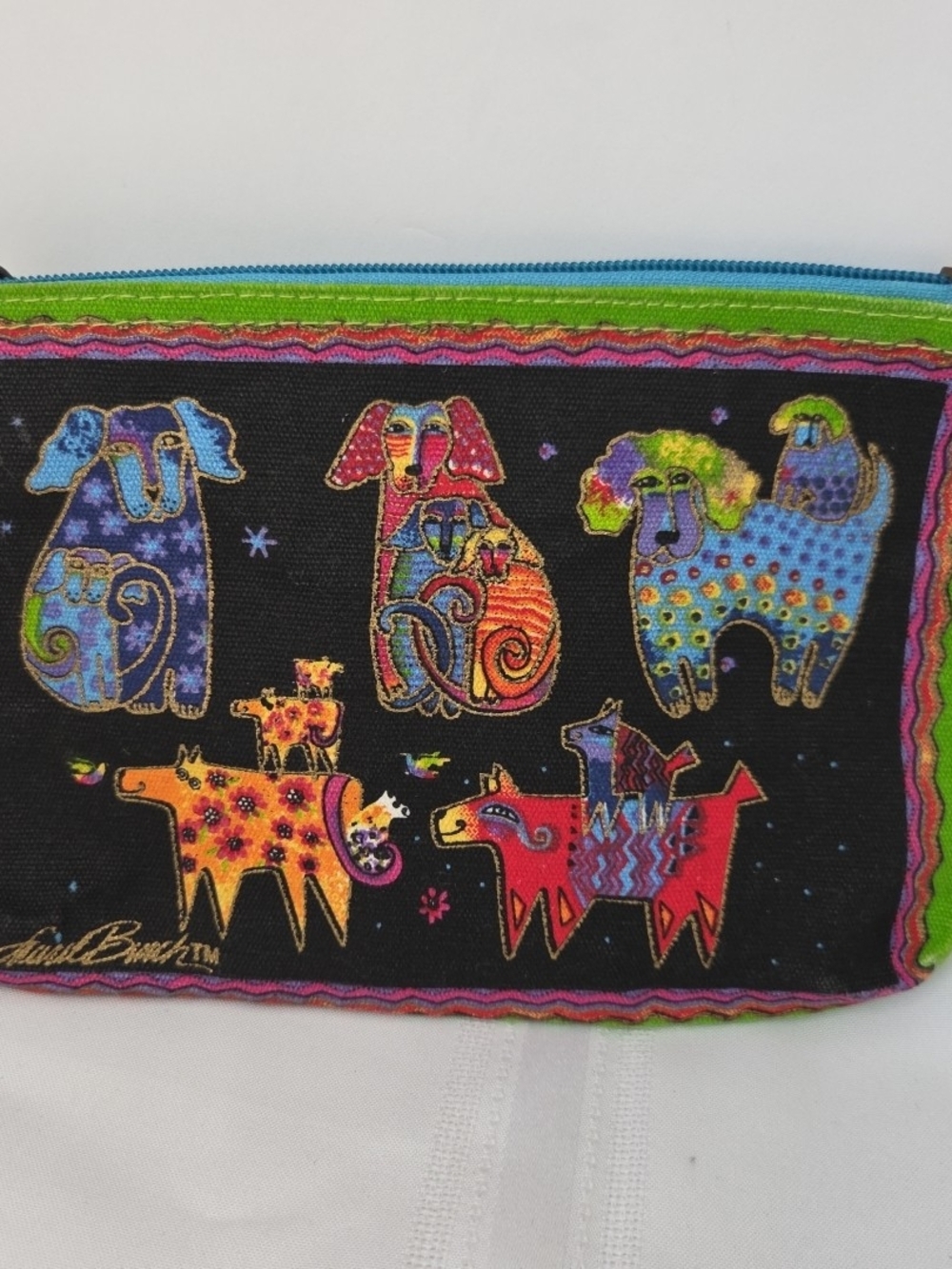 Laurel Burch Black Pouch with Bright Multicolor Dog Motif 9"x6"